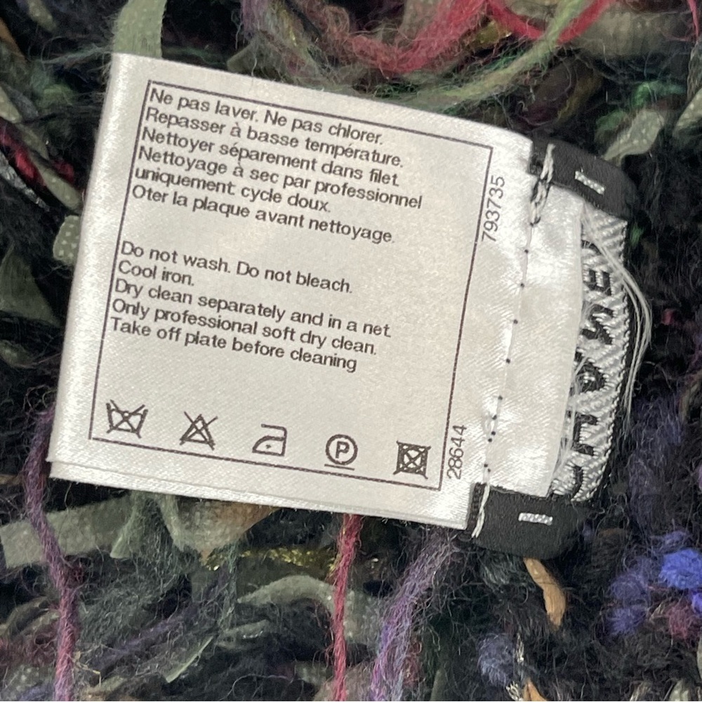CHANEL Multicolor Mohair Wool Fringe Scarf with CC Logo Plaque (Made‎ in France) - Picture 7 of 9